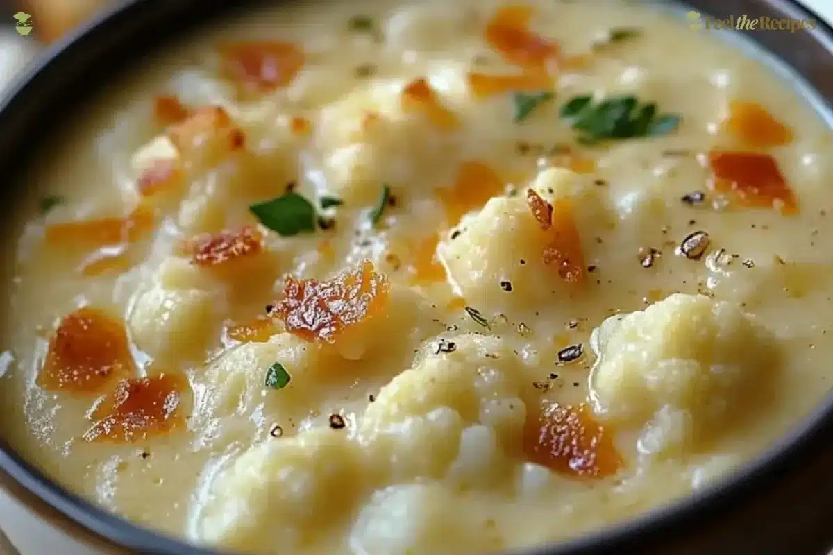 Creamy cheddar cauliflower and roasted garlic soup in a bowl