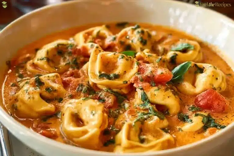 Bowl of creamy chicken tortellini soup with herbs and vegetables