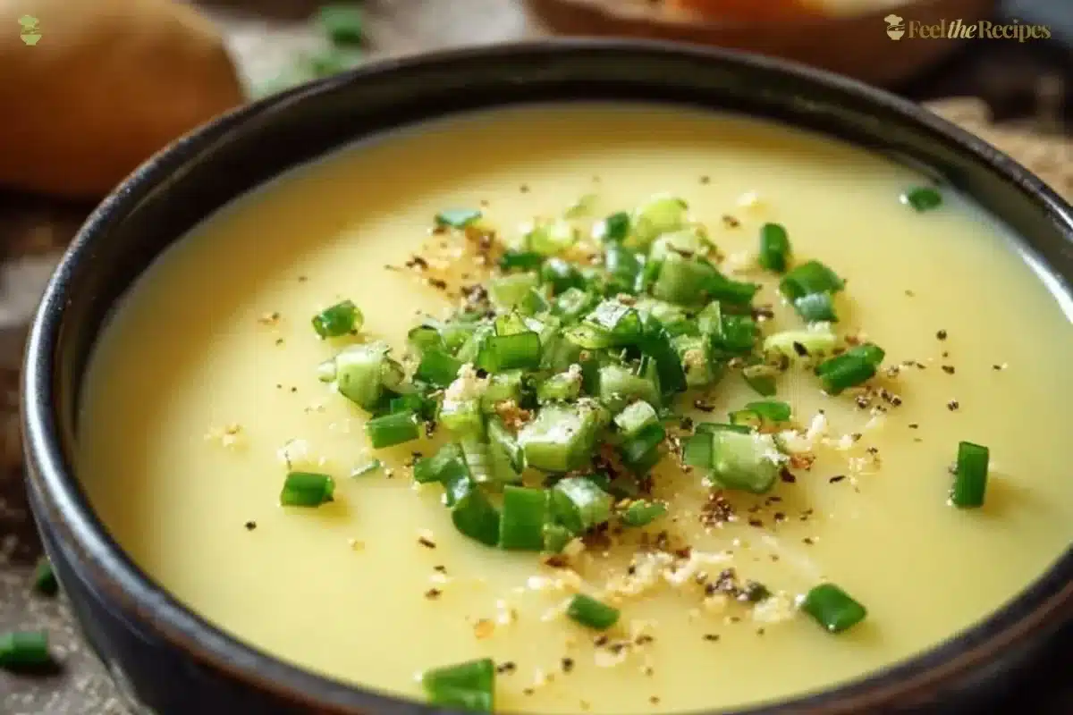 Bowl of creamy potato and leek soup with fresh herbs garnishing on top