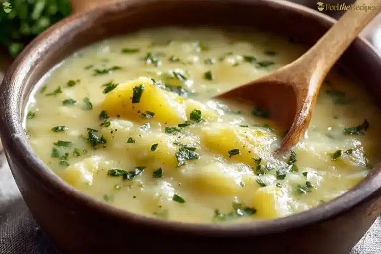 Bowl of creamy potato leek soup topped with herbs and served with crusty bread