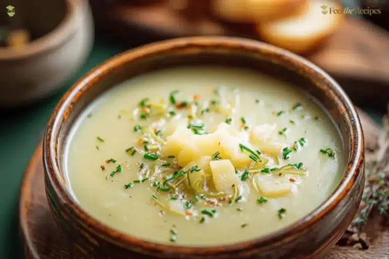 A bowl of creamy potato leek soup garnished with fresh herbs and served with bread.