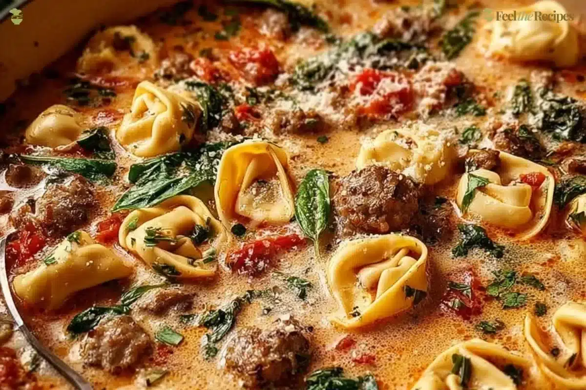 Bowl of creamy sausage tortellini soup garnished with herbs