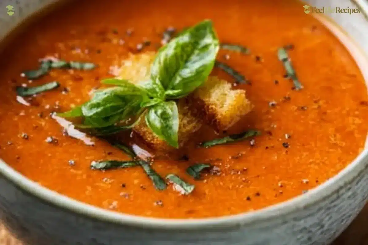 Bowl of creamy Tomato Basil Soup garnished with fresh basil leaves