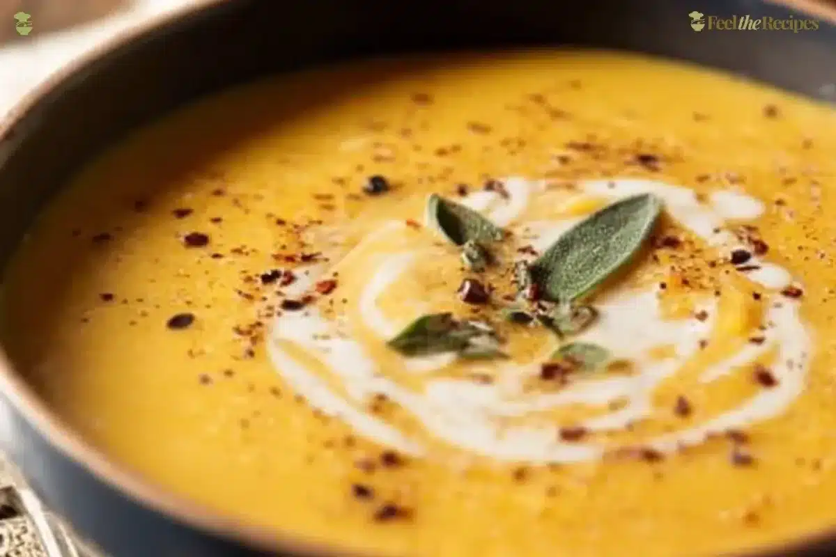 Crock Pot Butternut Squash Soup served in a bowl with herbs on top