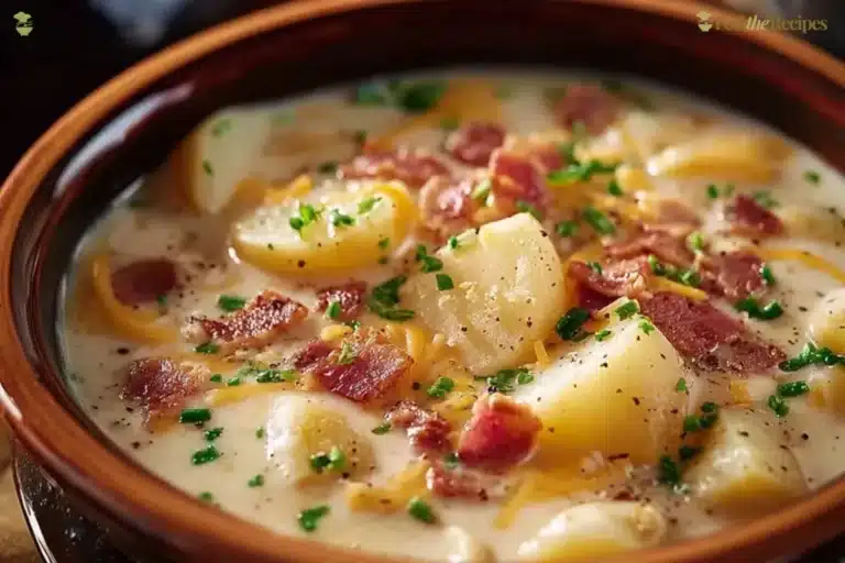 Bowl of creamy Crock Pot Crack Potato Soup garnished with crispy bacon and green onions