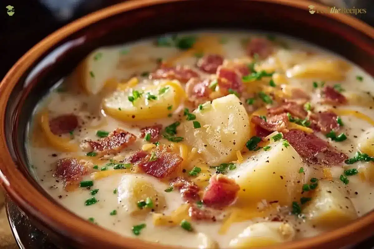 Bowl of creamy Crock Pot Crack Potato Soup garnished with crispy bacon and green onions
