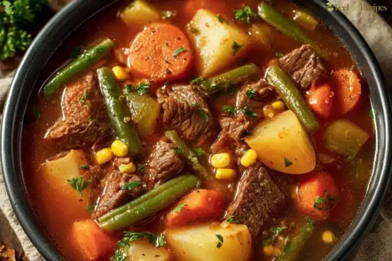 Delicious Crockpot Beef Vegetable Soup with fresh vegetables and tender beef.