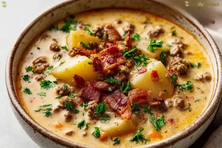 A bowl of hearty crockpot cheeseburger soup garnished with herbs.