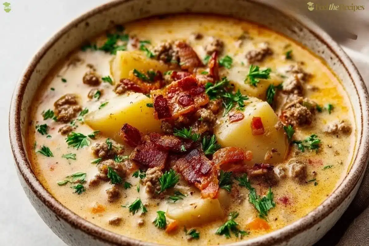 A bowl of hearty crockpot cheeseburger soup garnished with herbs.