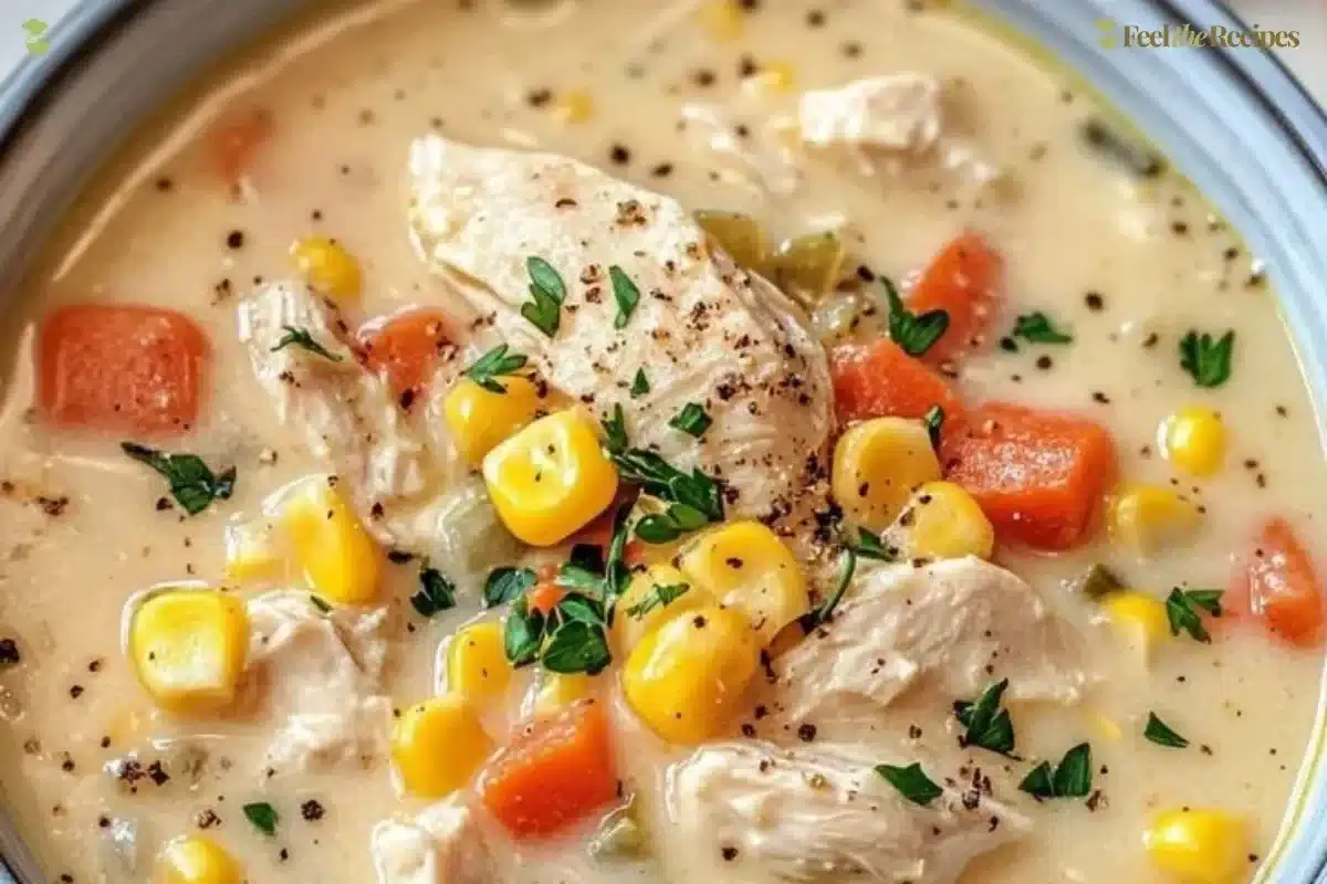 Creamy Crockpot Chicken Corn Chowder served in a bowl with fresh herbs.
