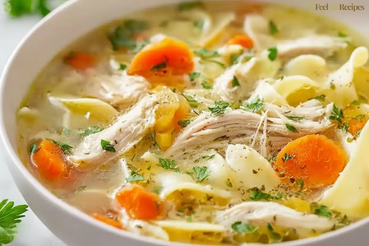 Bowl of homemade Crockpot chicken noodle soup with vegetables and herbs