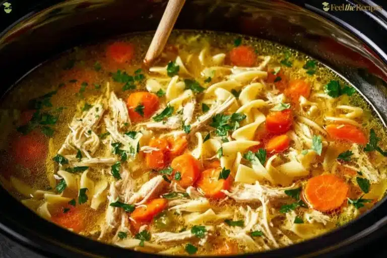 Bowl of delicious Crockpot Chicken Noodle Soup with fresh ingredients
