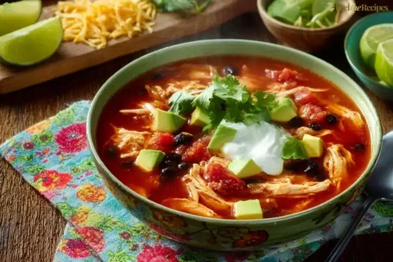 Delicious Crockpot Chicken Tortilla Soup served in a bowl with garnishes.