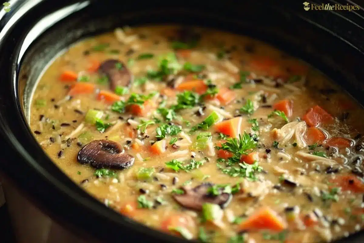Crockpot Chicken Wild Rice Soup in a bowl, garnished with fresh herbs.