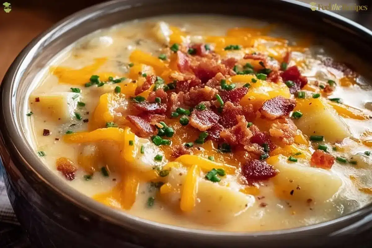 A bowl of creamy crockpot crack potato soup garnished with green onions.
