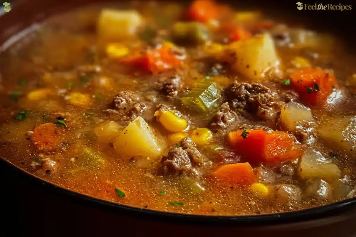 A bowl of hearty crockpot hamburger soup with vegetables and spices.