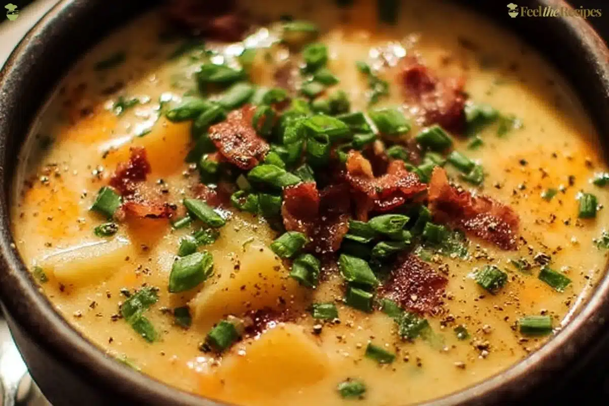 Bowl of creamy Crockpot potato soup garnished with fresh herbs.