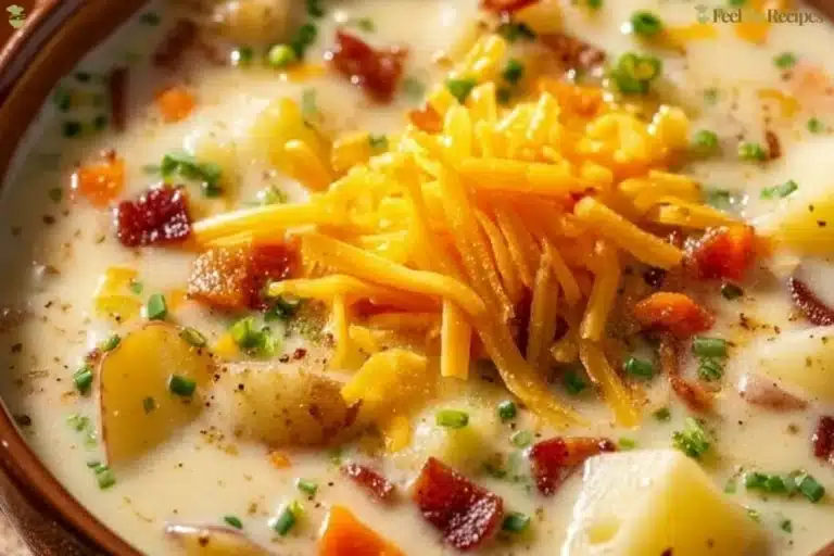 Creamy crockpot potato soup garnished with herbs and served in a bowl
