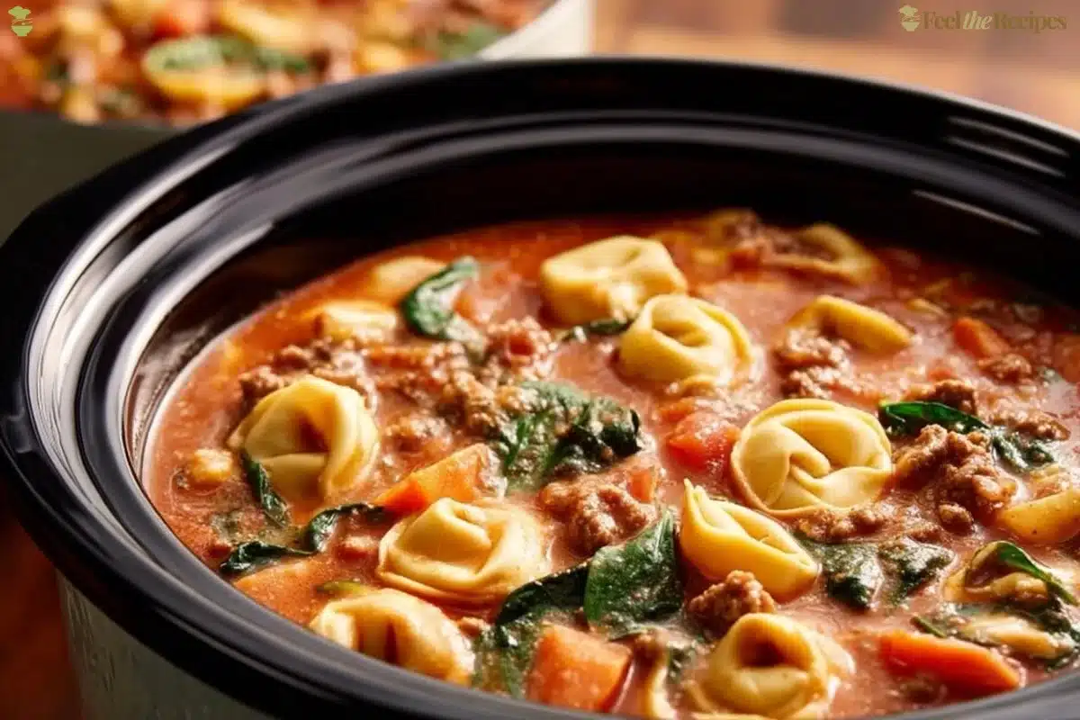 Bowl of Crockpot Tortellini Soup with Sausage topped with herbs