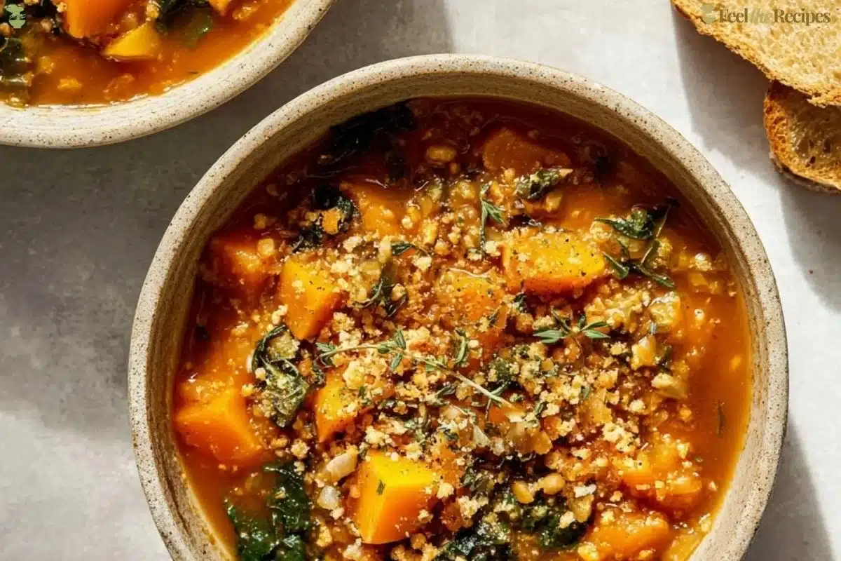 Bowl of Damn Good Vegan Lentil Soup garnished with herbs and spices