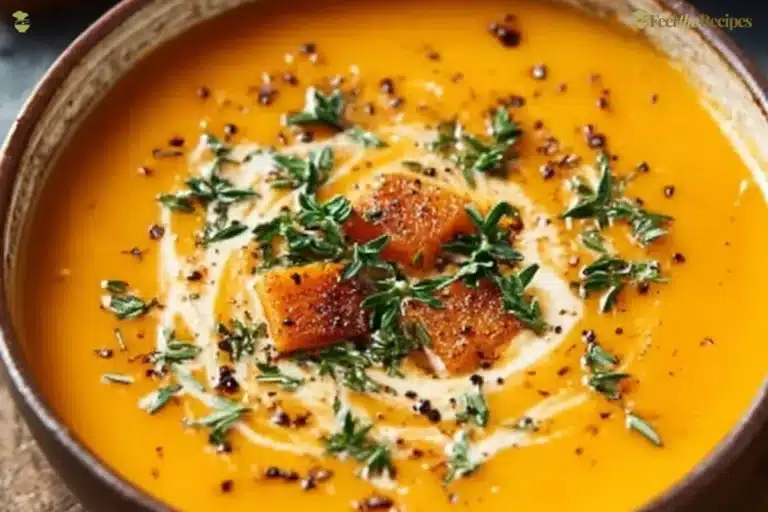 Creamy butternut squash and sweet potato soup served in a bowl