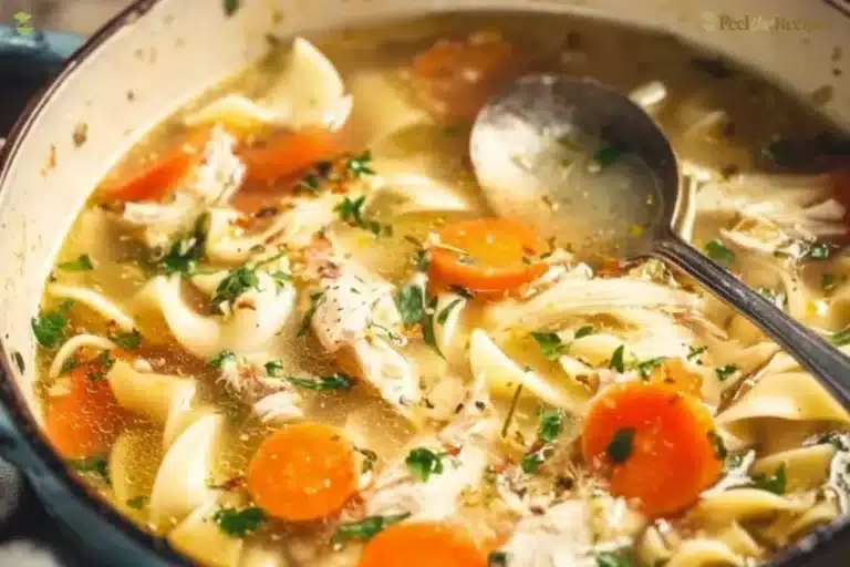 Bowl of easy chicken noodle soup with herbs and vegetables