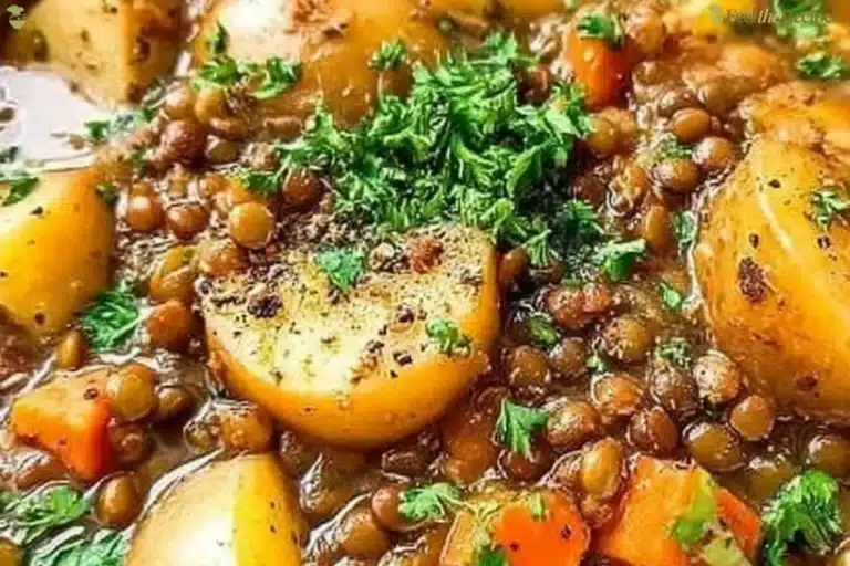 Delicious bowl of Easy Lentil Potato Soup with fresh ingredients
