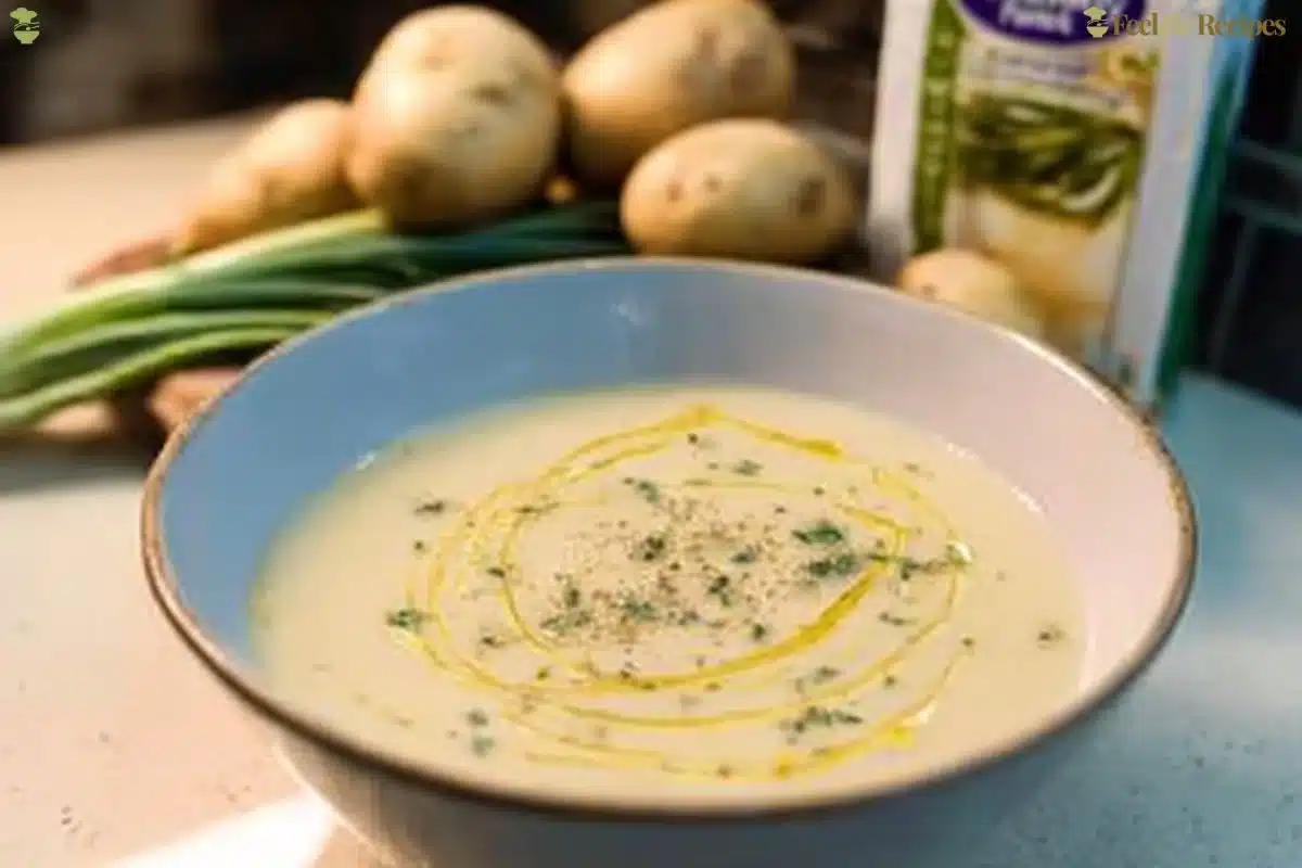 Bowl of easy potato leek soup garnished with fresh herbs