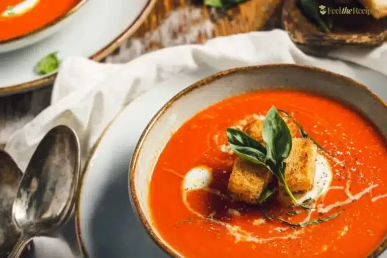 Bowl of easy roasted red pepper and tomato soup garnished with fresh herbs.