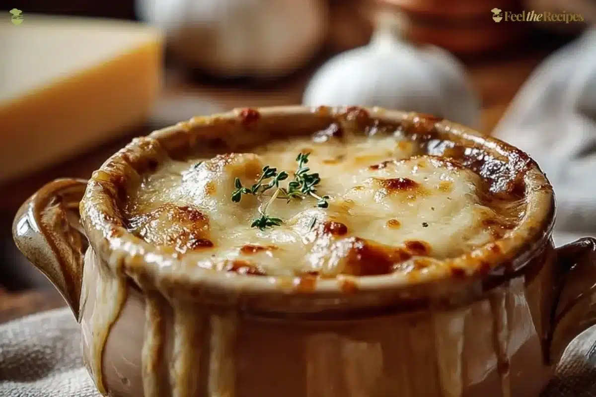 A warm bowl of French Onion Soup topped with cheese and bread croutons