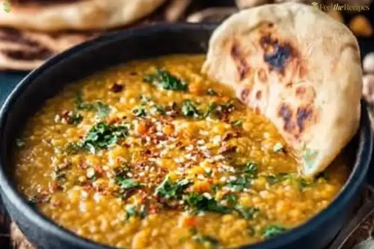 Bowl of golden lentil soup, a flavorful vegan yellow lentil dal.