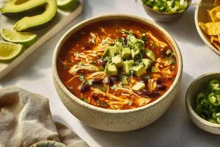 A bowl of healthy Chicken Tortilla Soup topped with fresh cilantro and tortillas.