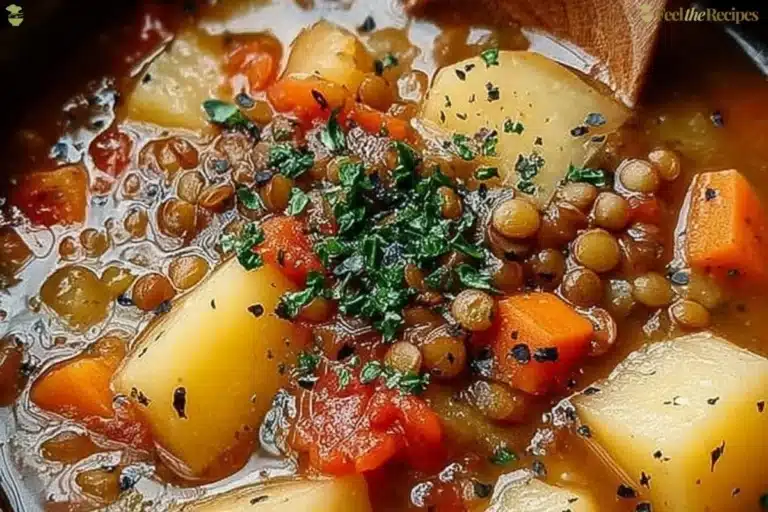Hearty lentil and potato soup in a bowl, garnished with herbs.