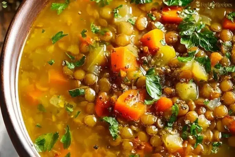 Bowl of hearty lentil soup with vegetables and herbs