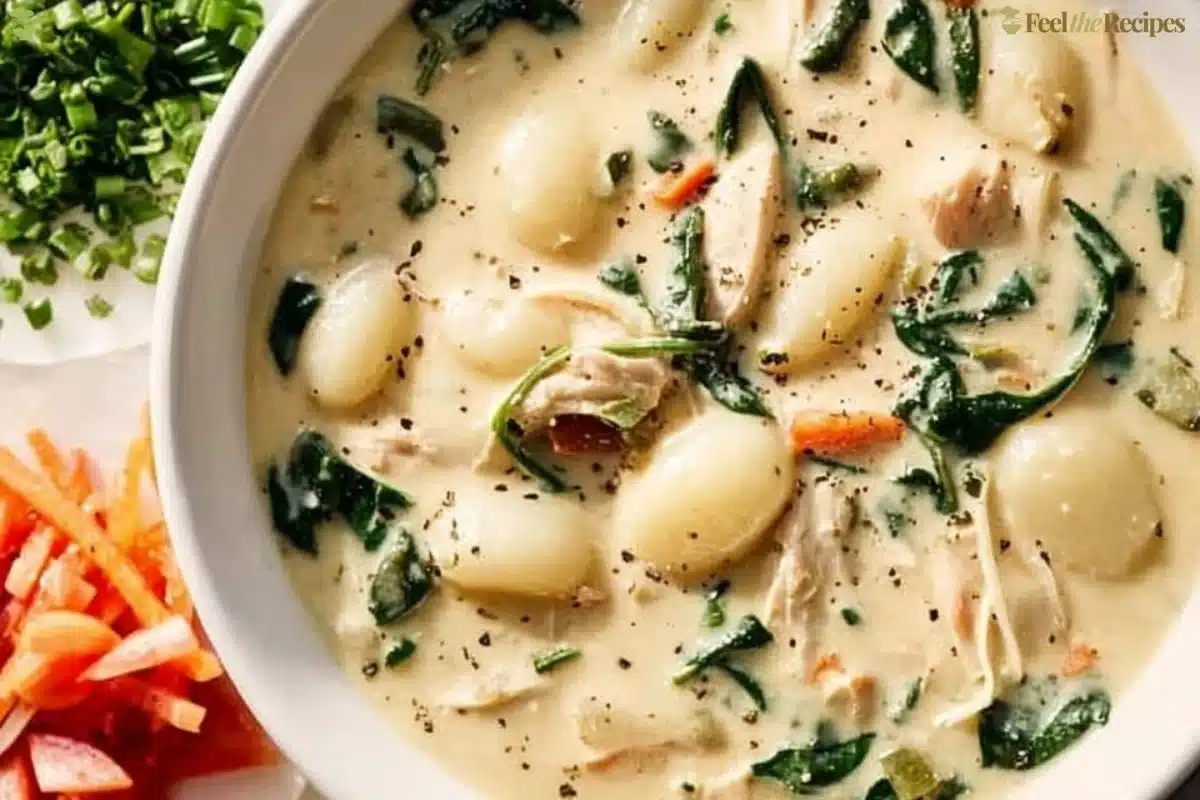 Bowl of homemade chicken gnocchi soup with vegetables and herbs
