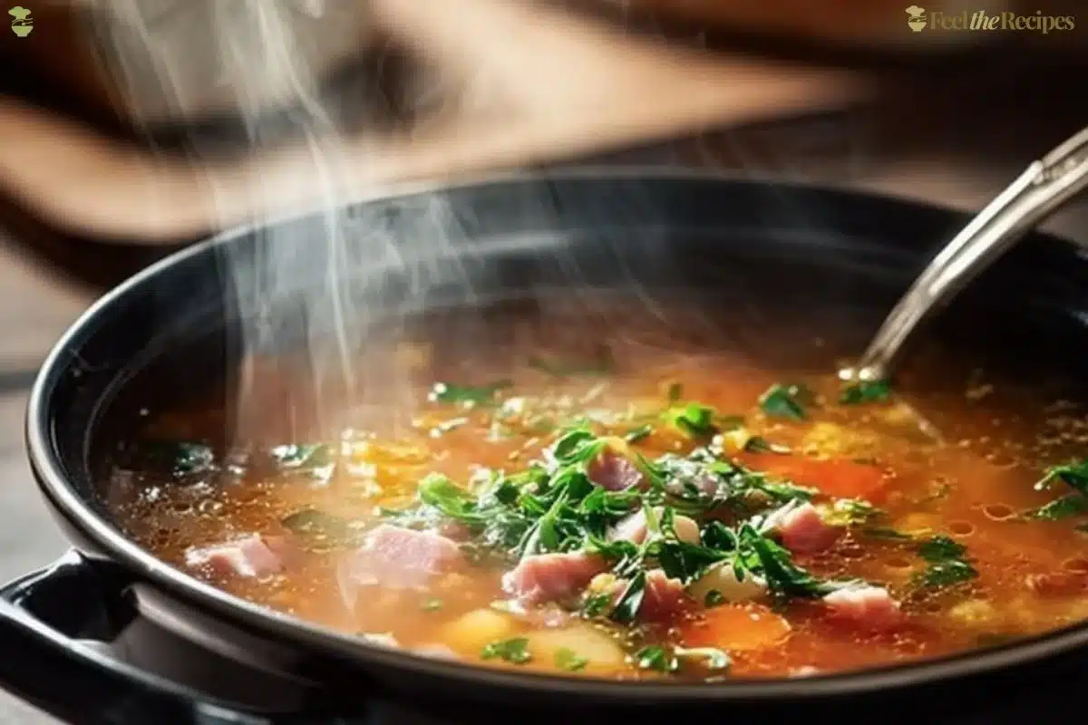 A steaming bowl of hot ham soup garnished with herbs.