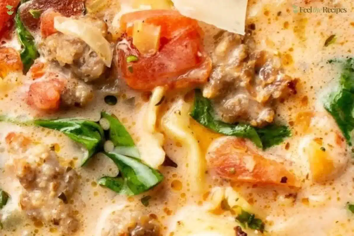 Bowl of Italian Sausage Tortellini Soup with herbs and vegetables