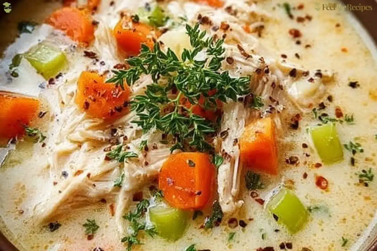 Bowl of Keto Chicken Pot Pie Soup garnished with herbs in a rustic setting