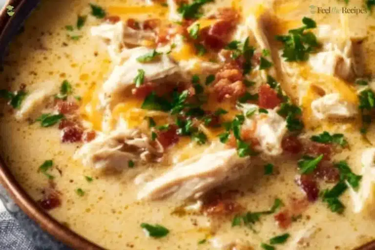 A bowl of creamy Keto Crack Chicken Soup garnished with herbs.