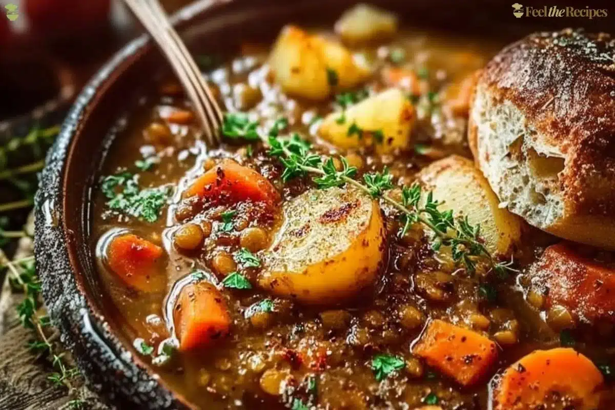 Delicious bowl of homemade Lentil Potato Soup with fresh herbs.