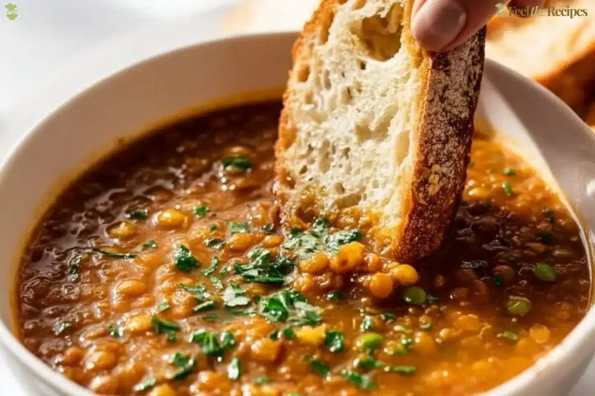 Bowl of delicious homemade Lentil Soup garnished with herbs