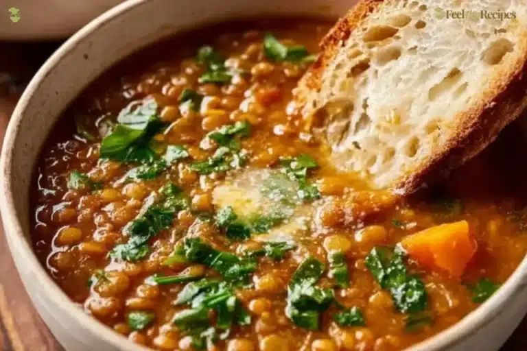 Bowl of hearty lentil soup garnished with herbs and spices