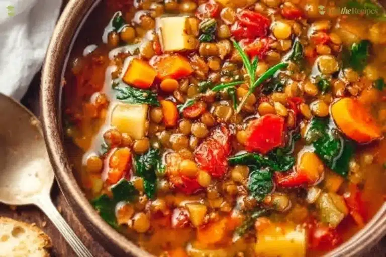 Bowl of delicious Lentil Vegetable Soup with fresh vegetables and herbs.