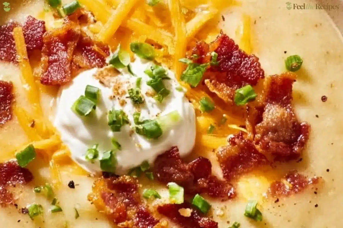 Creamy loaded potato soup garnished with cheese and green onions