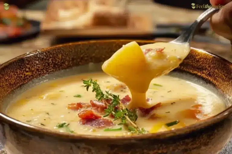Bowl of loaded potato soup topped with bacon, cheese, and chives.