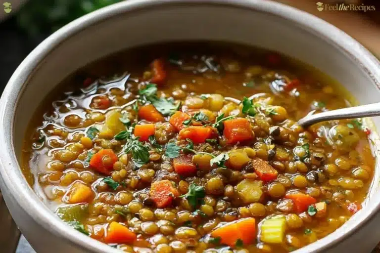 Delicious bowl of Mediterranean Lentil Soup with fresh herbs and spices