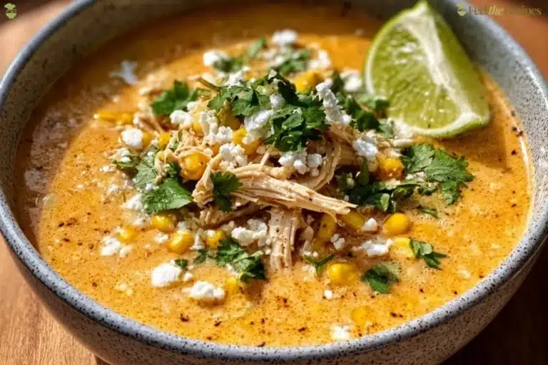Creamy Mexican street corn soup garnished with cilantro and lime