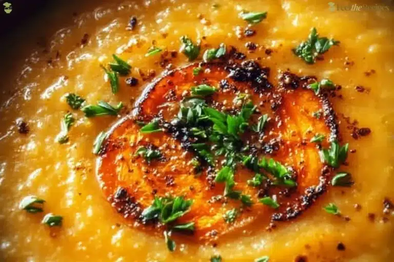 Bowl of creamy carrot lentil soup garnished with herbs and spices