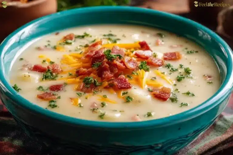 A bowl of creamy Pioneer Woman potato soup garnished with chives