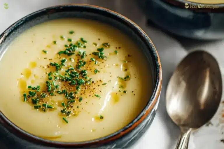 Bowl of creamy Potato Leek Soup garnished with fresh herbs